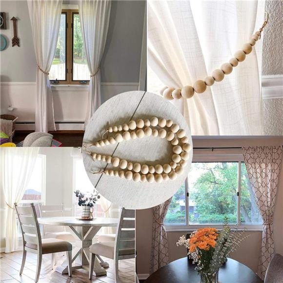 Set of 2 Curtain Tie Backs (Color Beads - Khaki Leather Cord) - Picture 4 of 5